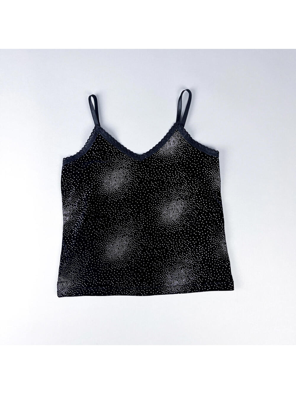 Y2K Black Velvet Silver Polka Dot Camisole Top with Lace Trim